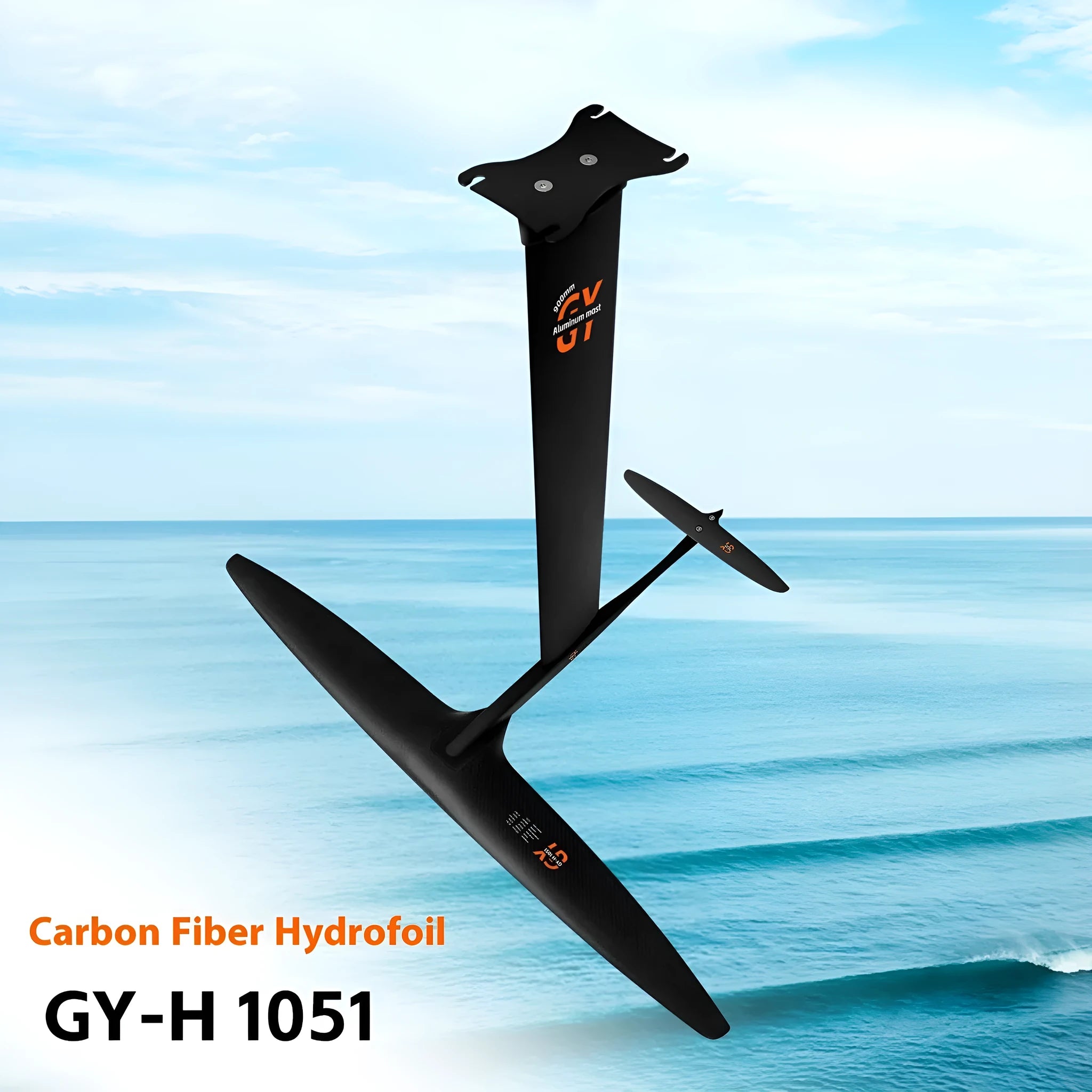 Black carbon fibre and aluminium alloy racing hydrofoil surfboard with large front wing