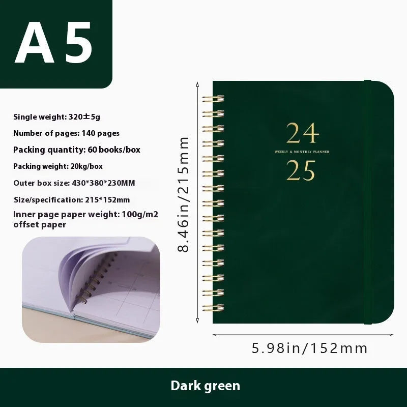 A5 leather notebook with metal coil binding in various colours including black, blue, and green.