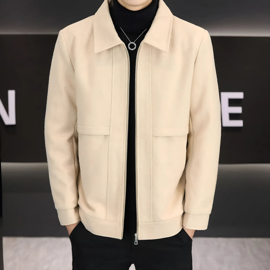East Season men's khaki polo collar casual jacket with side seam pockets.