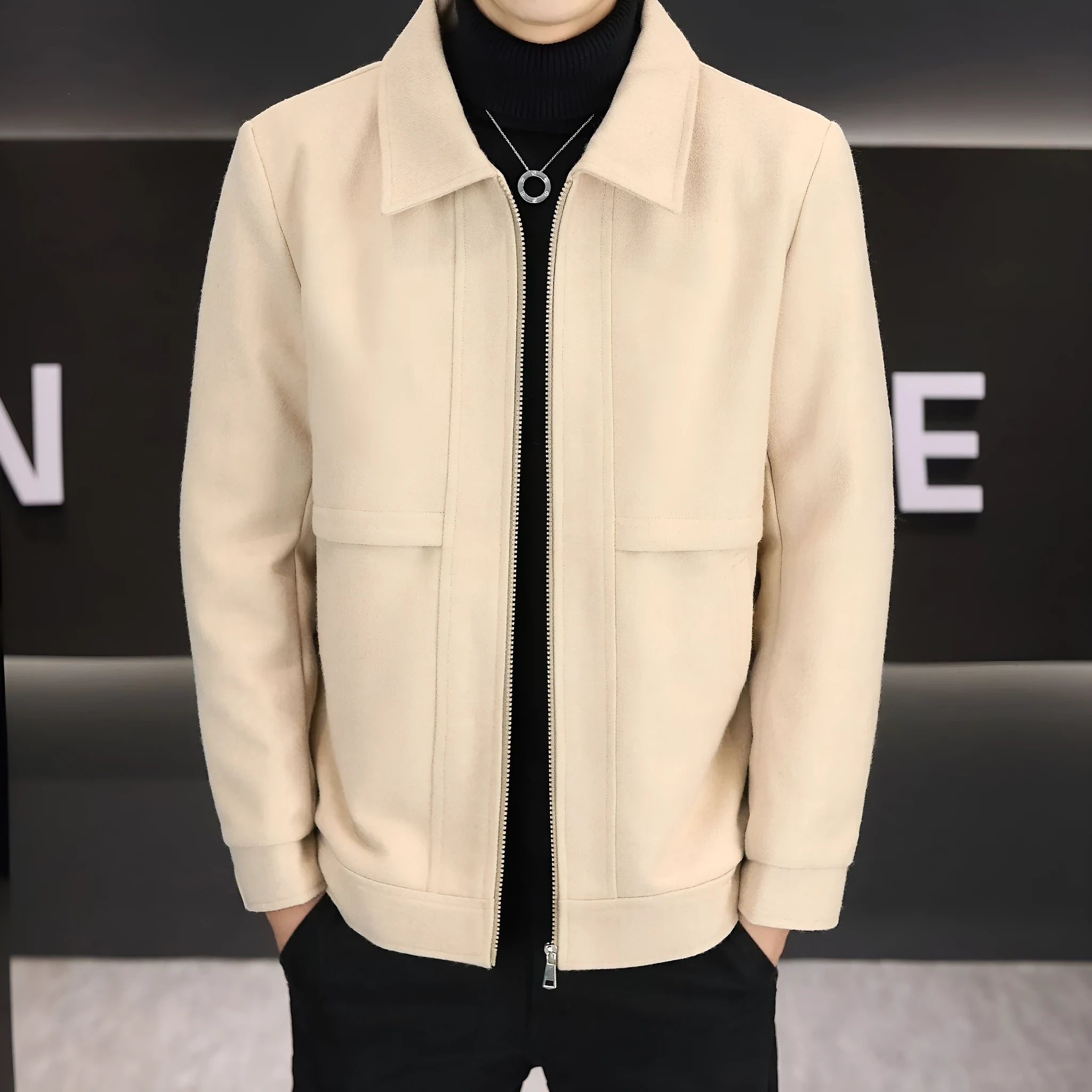 East Season men's khaki polo collar casual jacket with side seam pockets.
