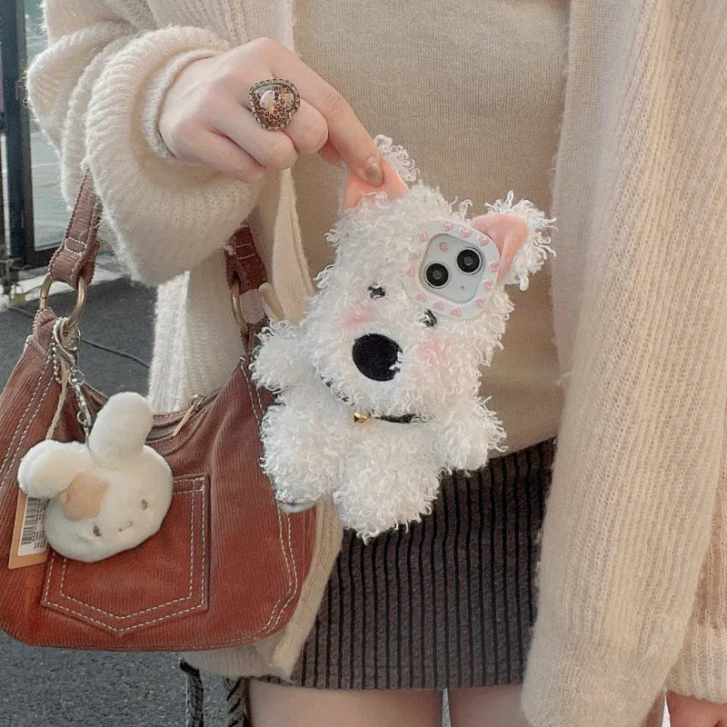 White plush West Highland puppy phone case and earphone sleeve in flannel with furry cartoon design