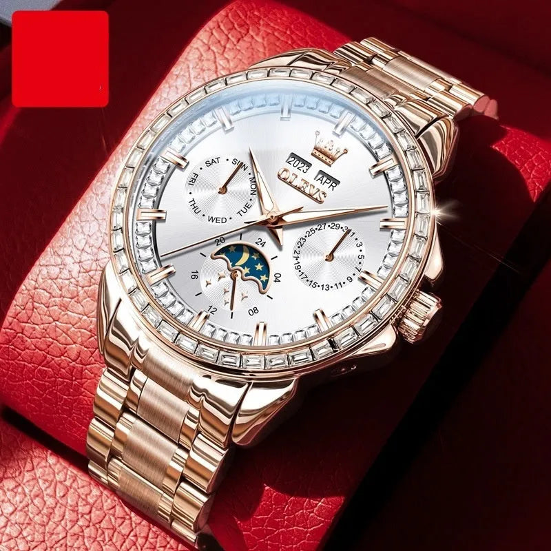 Men's automatic mechanical watch with stainless steel strap, diamond-embedded dial, and transparent case back showing movement