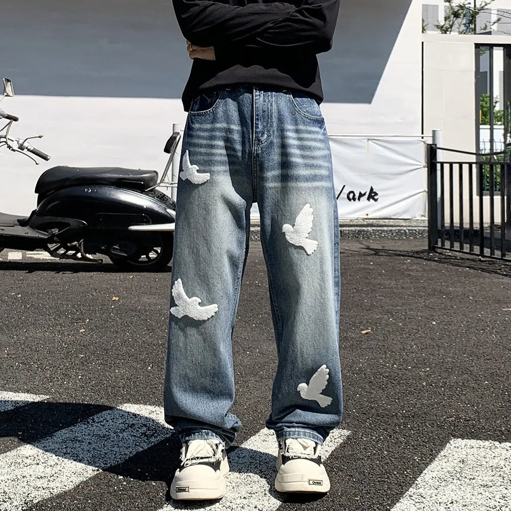 Men's mid-waist straight-leg jeans in blue cotton denim with button placket available in multiple sizes