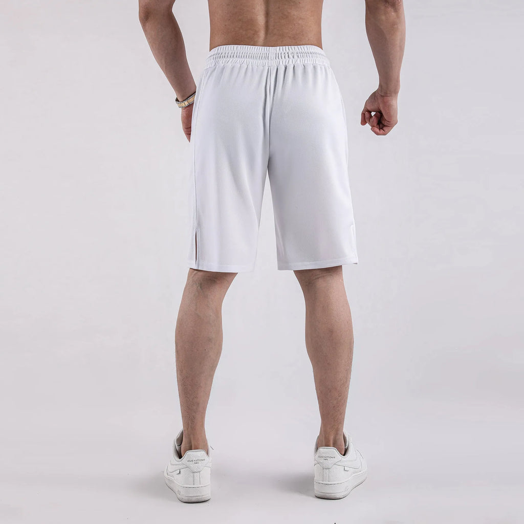 Men's black quick-drying mesh shorts with elastic waistband, shown in a loose casual fit.