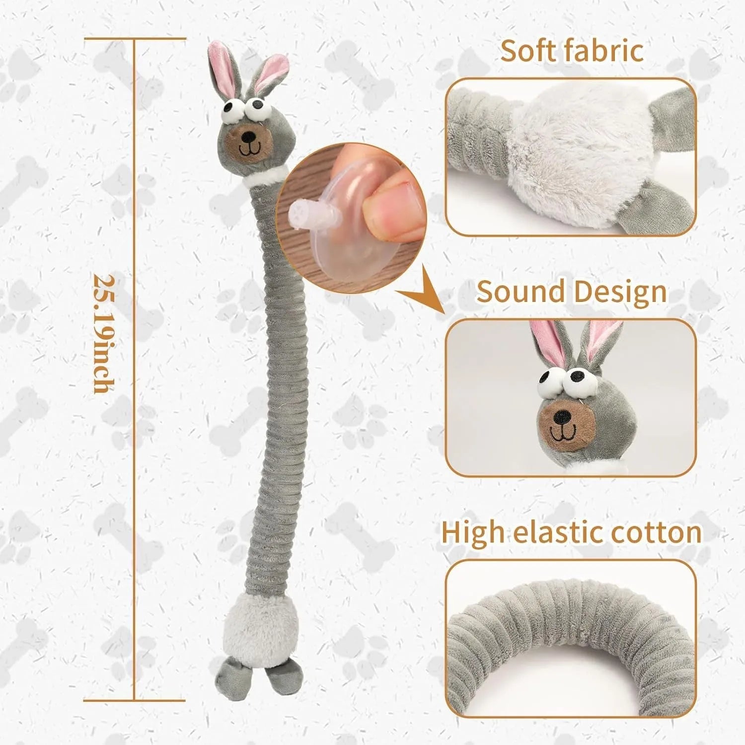 Plush squeaky dog toy with crinkle elements in brown colour for small medium large dogs