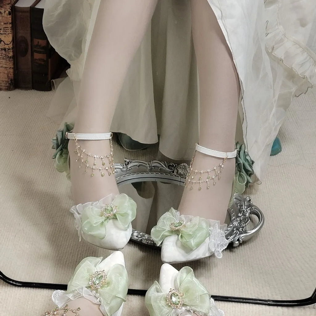 Handmade flower and bow wedding high heels in PU with 6cm or 8cm short stout heel, round toe, sizes 34-39
