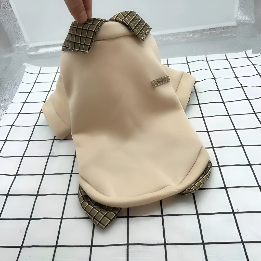 Grey dog sweater with detachable collar hoodie on small breed dog showing front and side views