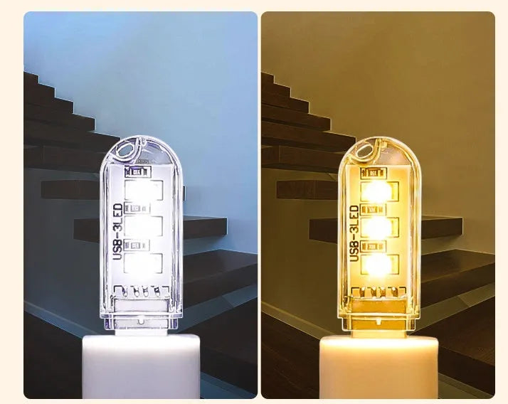 Small white USB baby night light with eye protection feature showing warm and white light options