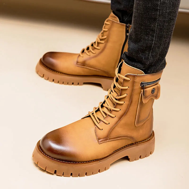 Men's Martin high-top PU leather boots with buckle closure in black on a white background showing side profile