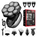 Black 6-in-1 rechargeable haircut suit with hair clipper, shaver, trimmer attachments, USB cable, and guide combs.