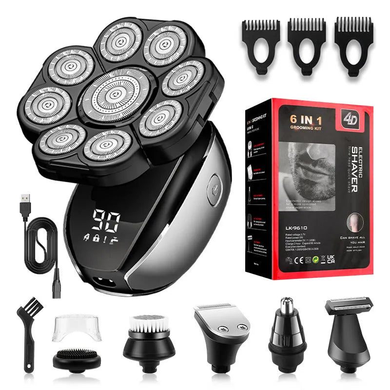 Black 6-in-1 rechargeable haircut suit with hair clipper, shaver, trimmer attachments, USB cable, and guide combs.