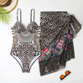 Women's leopard print one-piece swimsuit with backless design and long mesh cover-up dress set
