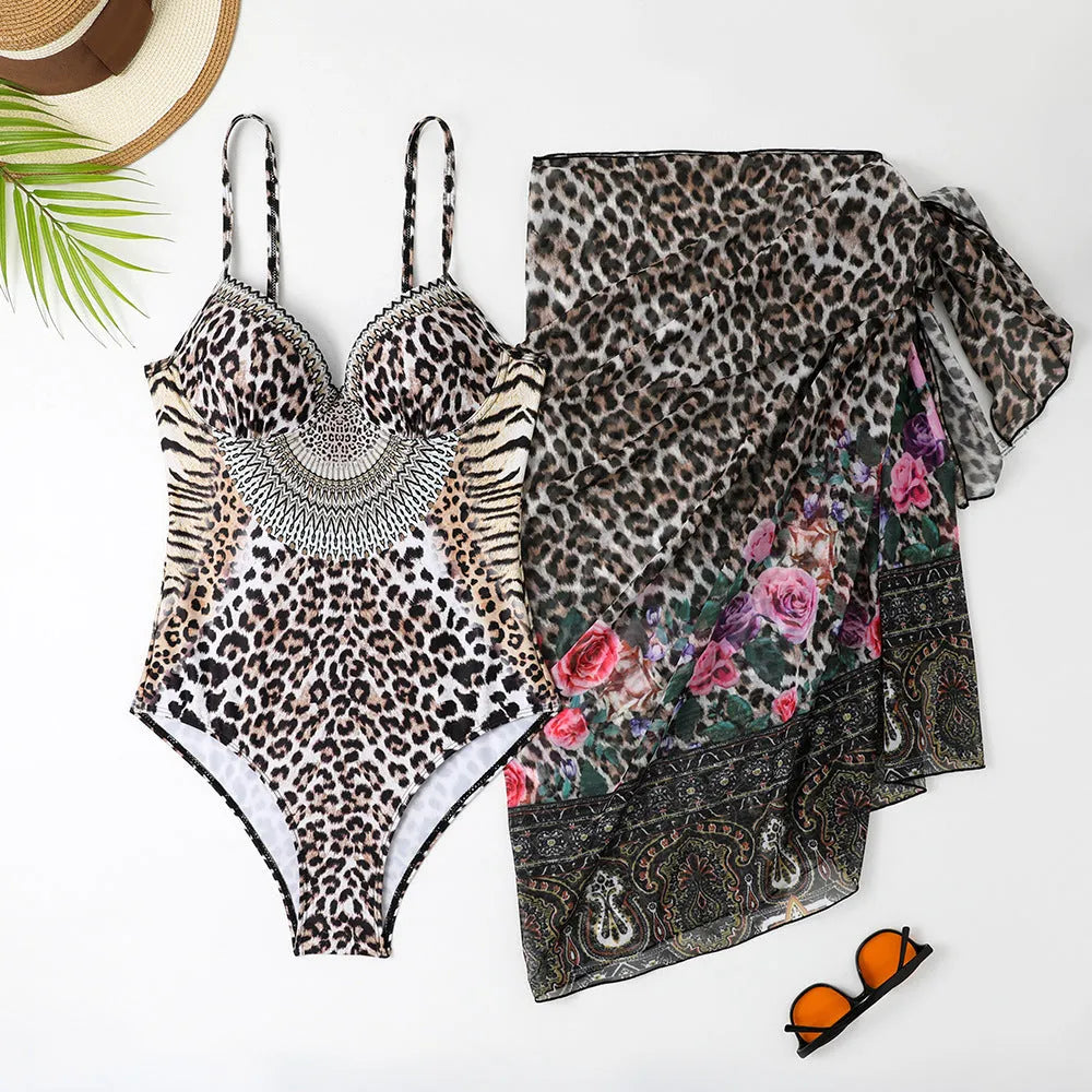 Women's leopard print one-piece swimsuit with backless design and long mesh cover-up dress set