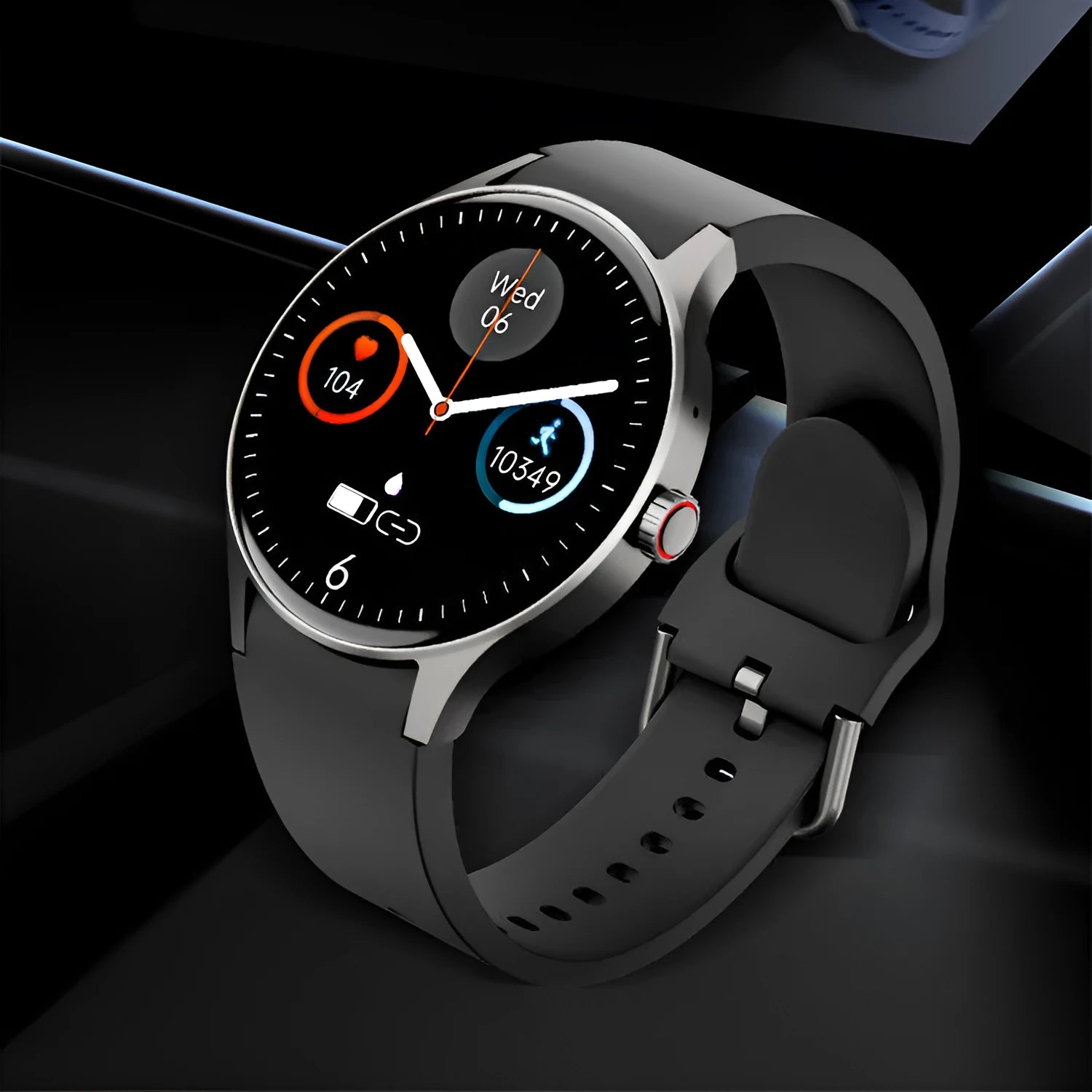 Black smartwatch with round 1.43 inch screen on a wrist, showing a fitness stats display.