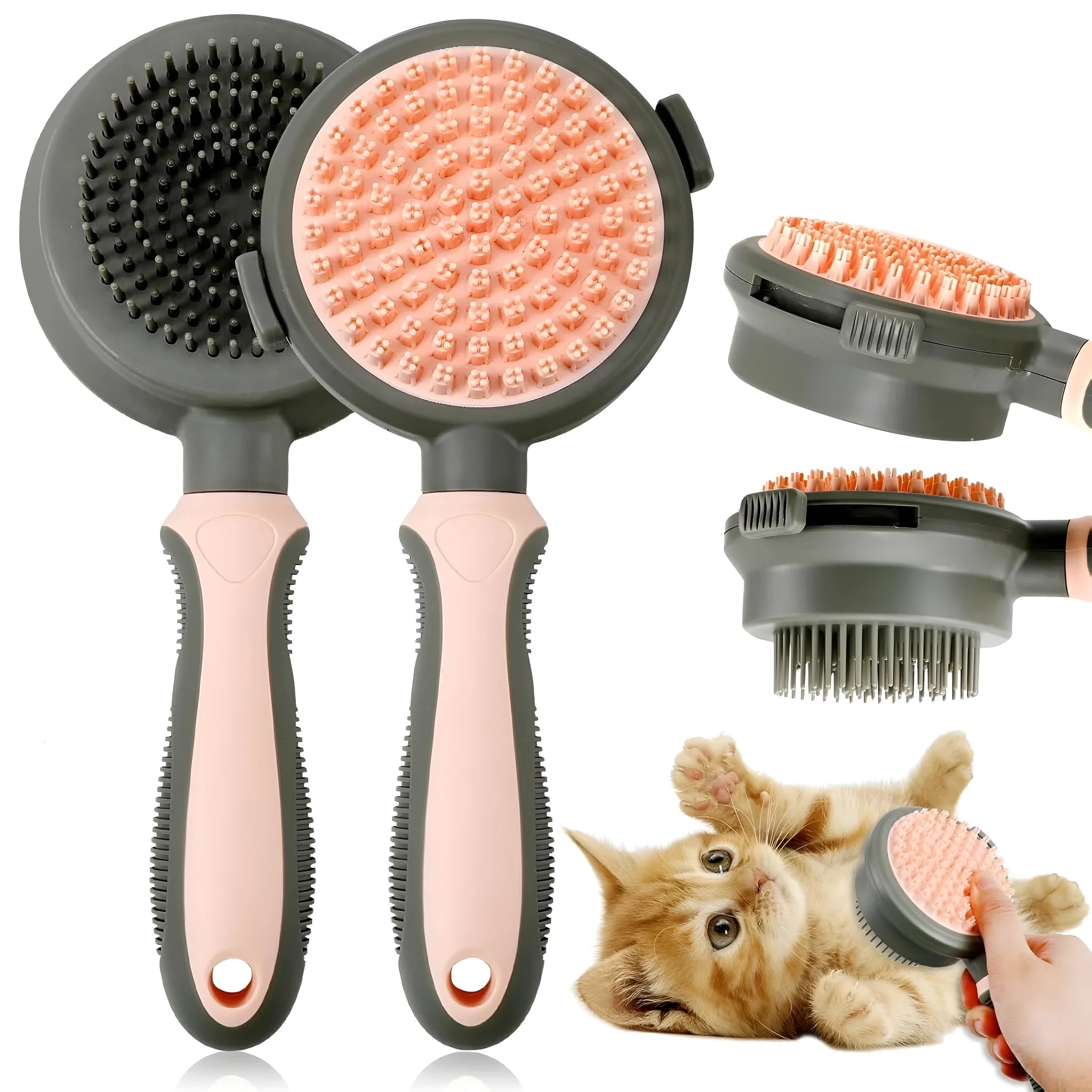 Green and pink double-sided cat brush with release button and flea comb