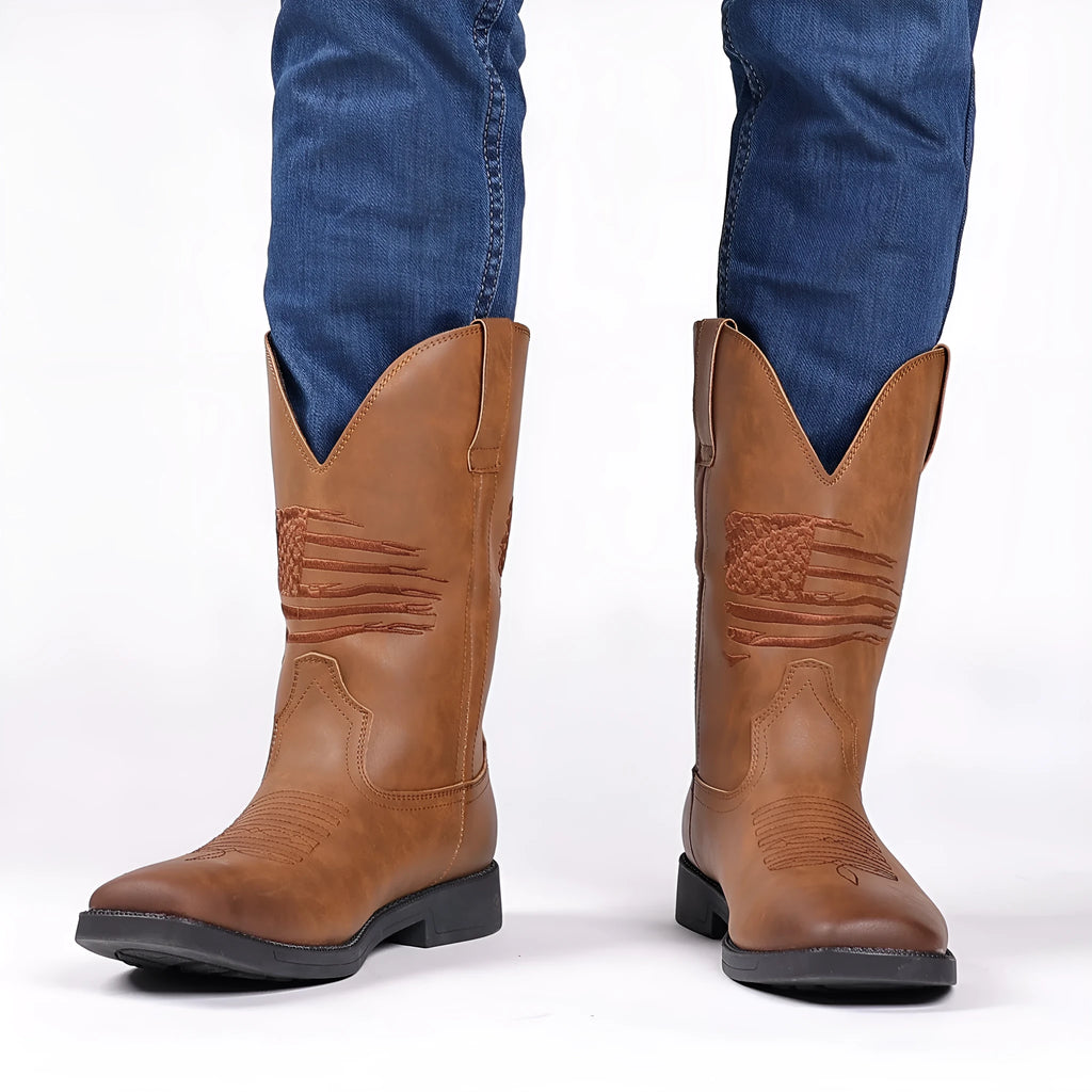 Men's brown retro cowboy boots with a square toe and horseshoe heel on a white background.