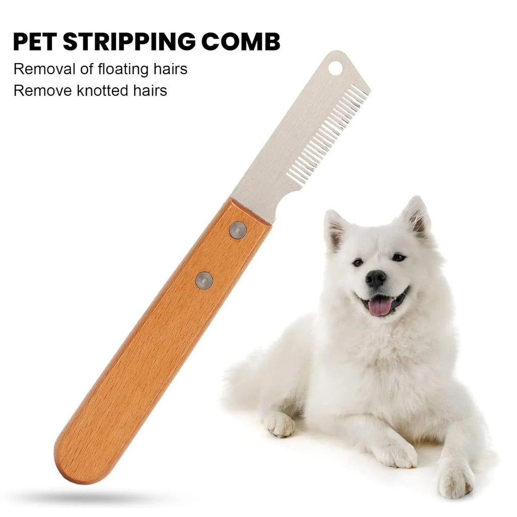 Wooden handle pet stripping comb for grooming dogs and cats, shown in two size options.