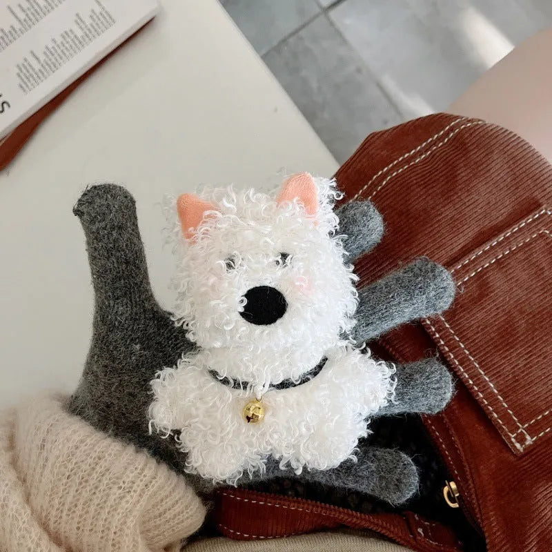 White plush West Highland puppy phone case and earphone sleeve in flannel with furry cartoon design