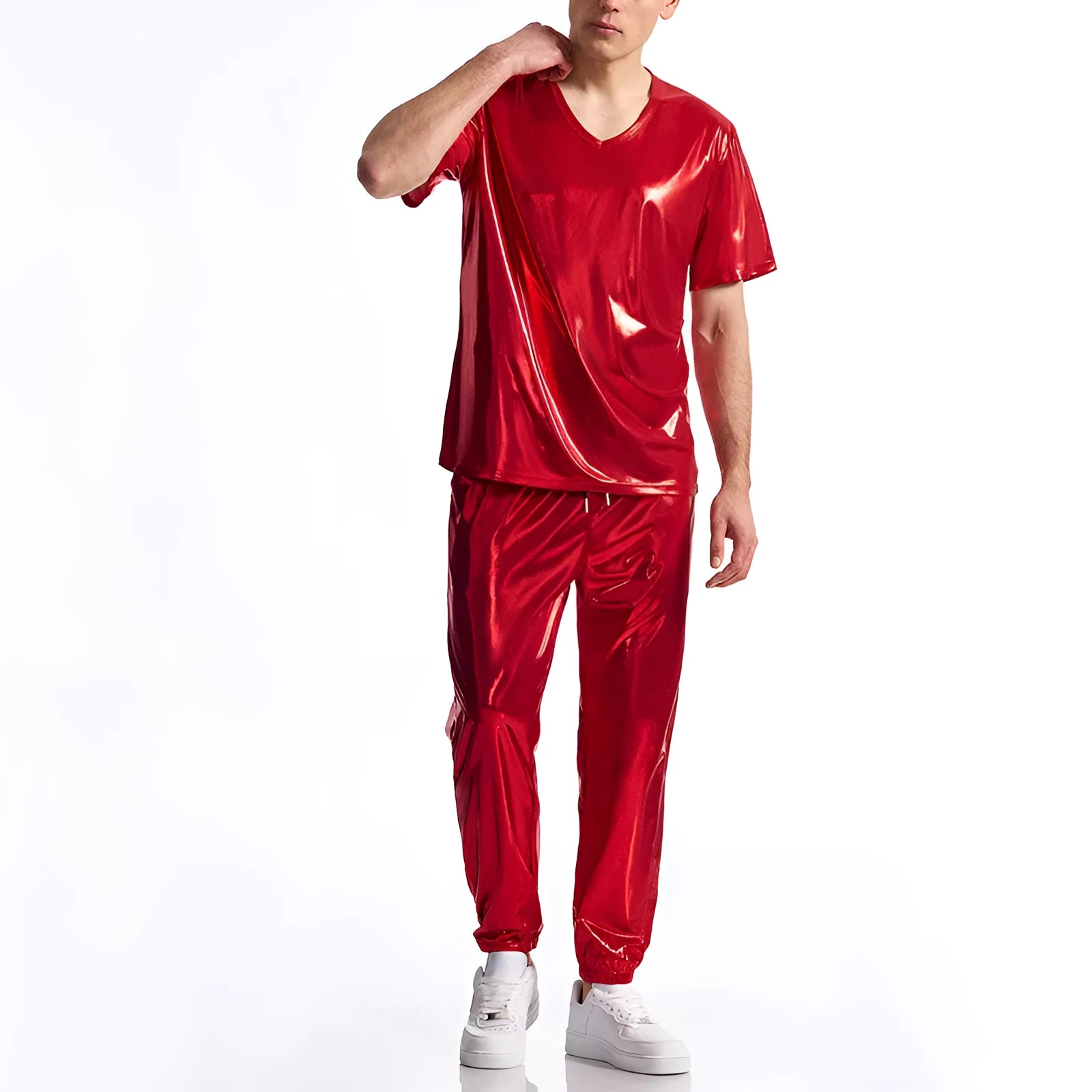 Men's bright surface bronzing disco suit with rabbit fur fabric, short sleeve t-shirt and shorts in silver colour