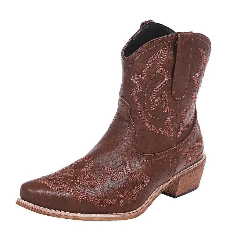 Blue women's cowboy boots with embroidery detail, wedge heel, and pointed toe.