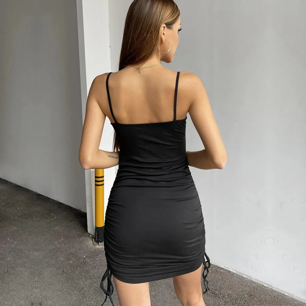Strapless solid colour backless pencil dress in black polyester with mid-rise waist