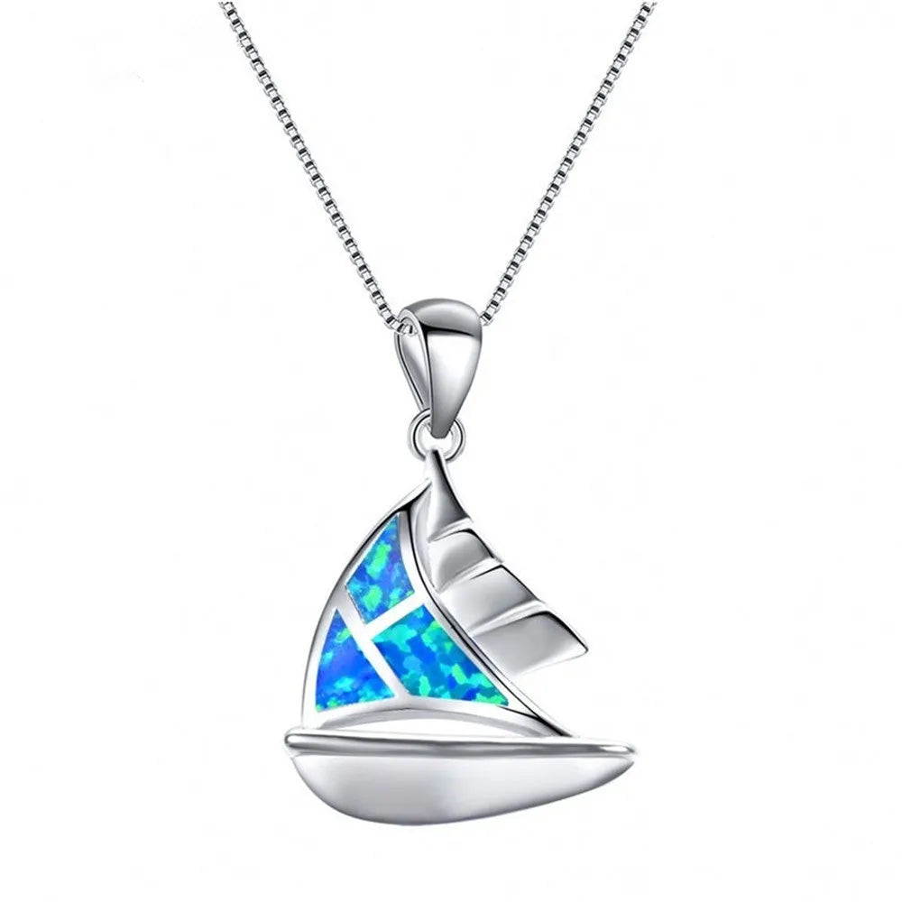 Women's sailboat pendant necklace in opal on alloy box chain with five colour options