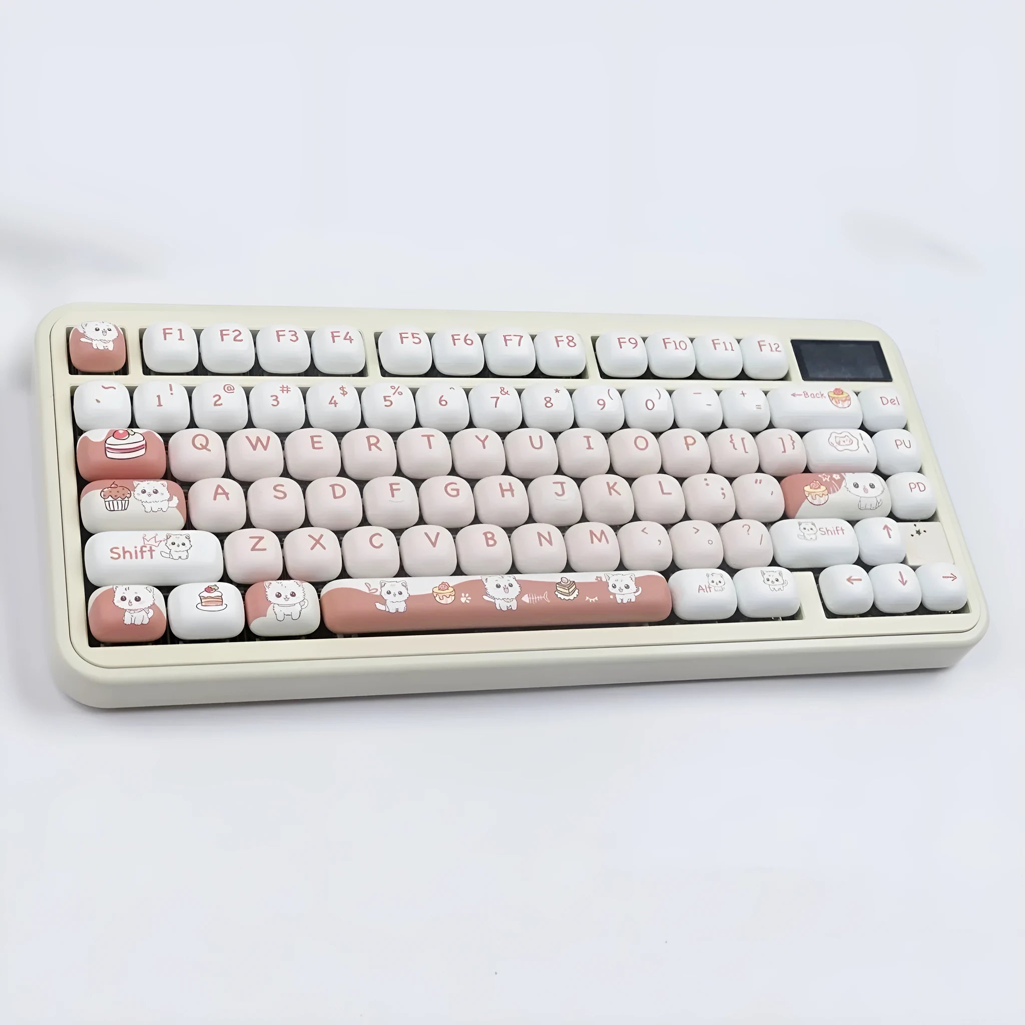 MOG round mechanical keyboard key caps with colourful sublimation print of cartoon cats and desserts.
