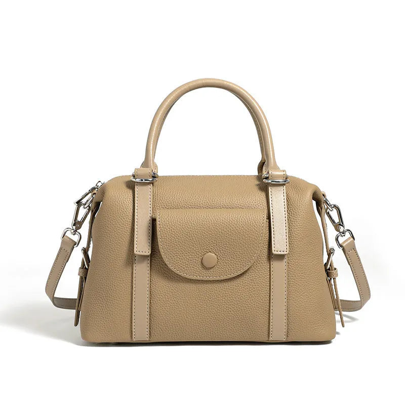 Genuine leather ladies handbag with contrast stitching and lock detail in street-trend style