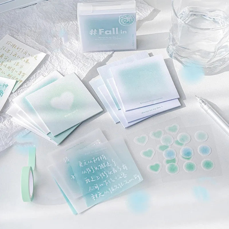 Boxed sticky note set with 70x70mm paper notes, sulphate paper sheets and stickers in cheek colour options