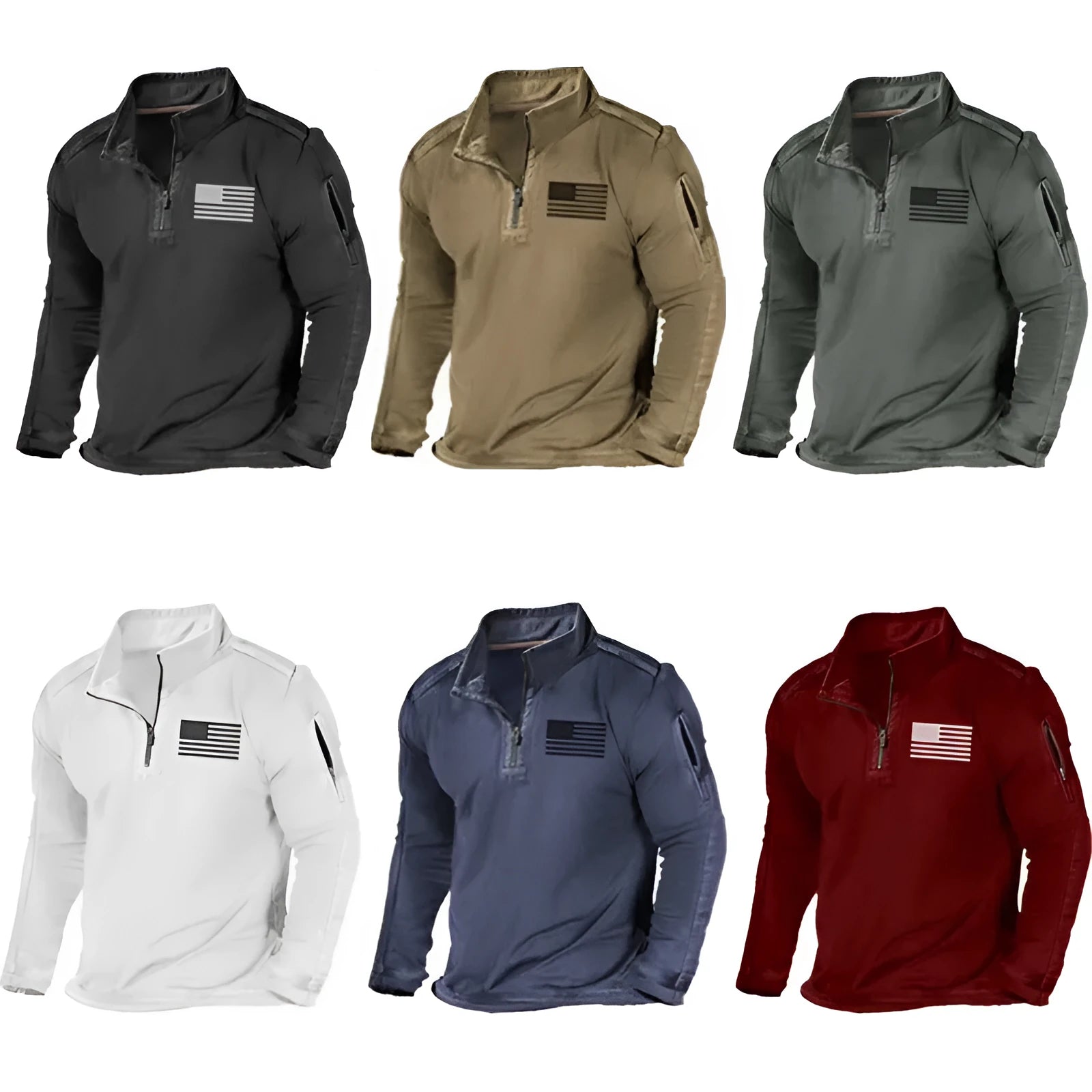 Men's black zip-front stand collar long-sleeved sports sweater laid flat.