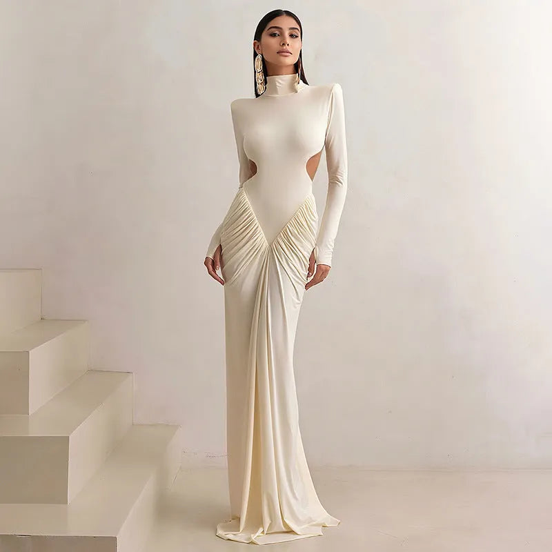 Long sleeve high collar slim fit pleated backless dress in polyester fabric