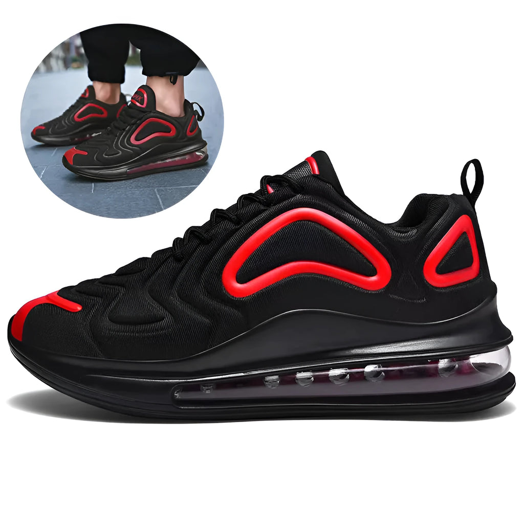 Men's black casual lace-up sneakers with round toe and thick sole design