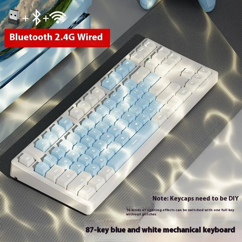 Mechanical keyboard with three connectivity modes in blue and white colour matching design