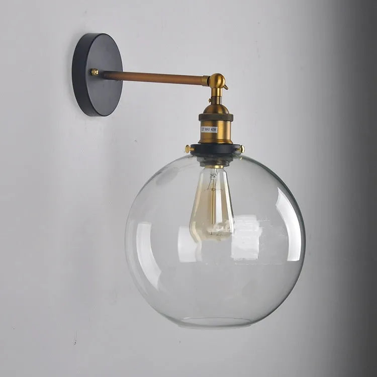 20cm retro spherical glass wall lamp with aluminium holder in transparent, amber, or smoky grey