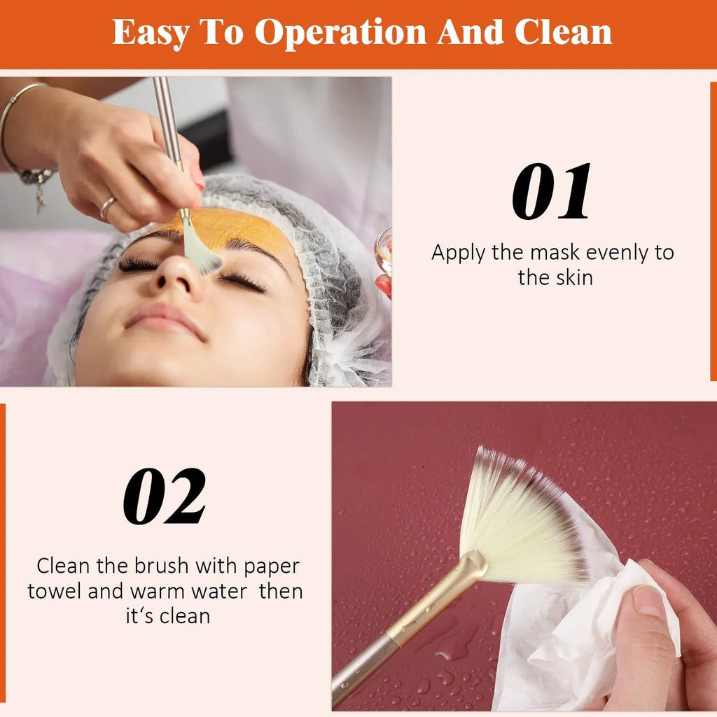 Ten champagne-coloured facial fan brushes with acrylic handles and protective covers