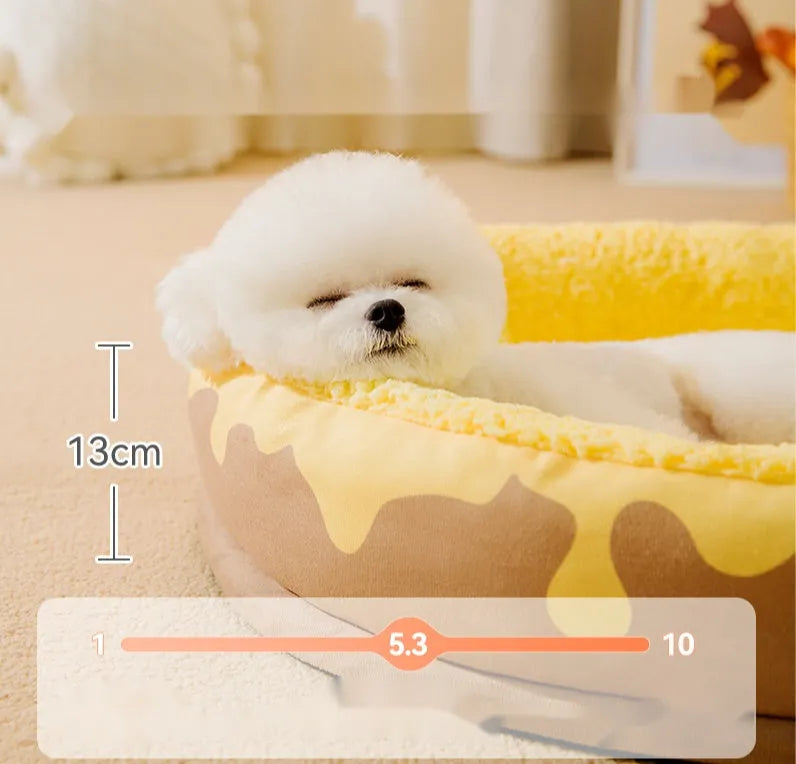 Detachable washable pet bed for dogs and cats in grey or yellow, available in four sizes.