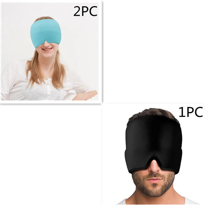 Black elastic ice gel headache relief eye mask shown on a mannequin head, adjustable for 42-66cm circumference.