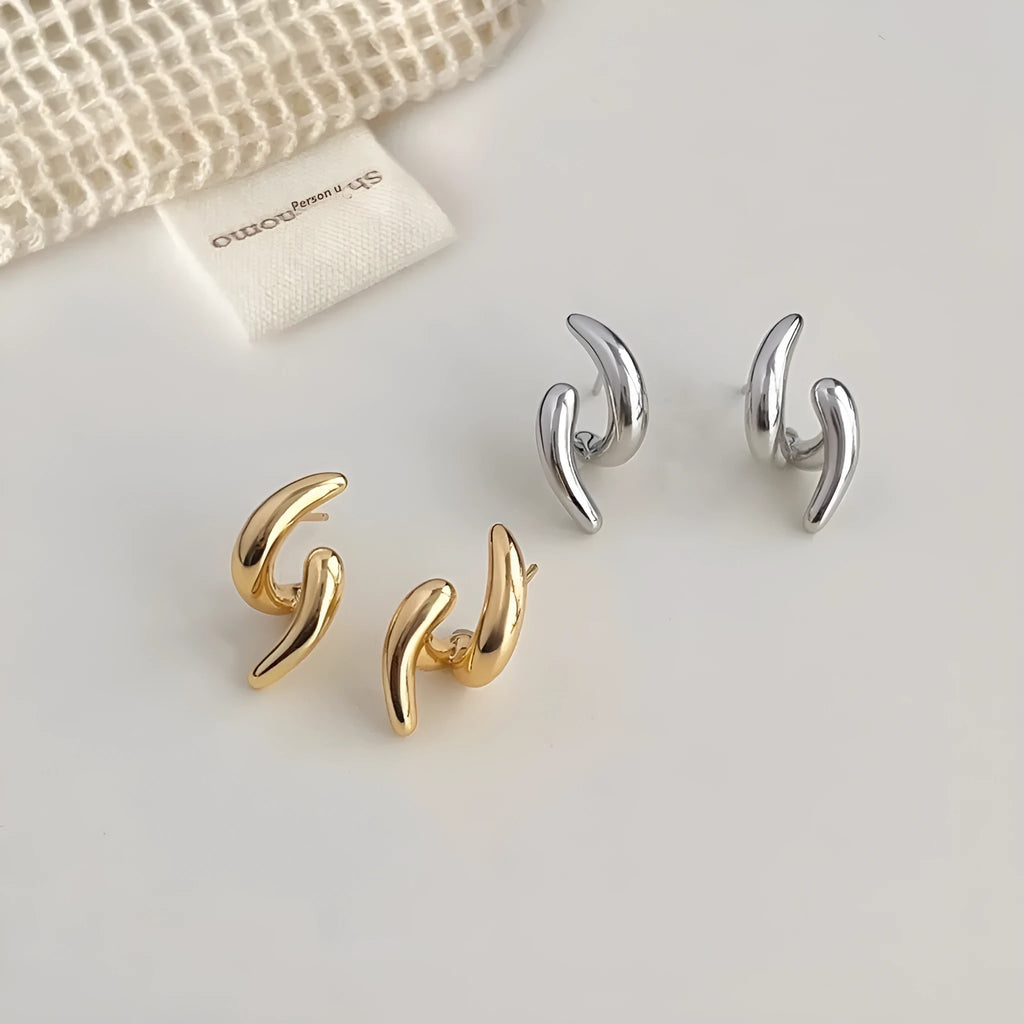 Copper geometric stud earrings with electroplated gold or silver finish, line design, one pair