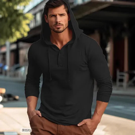 Men's dark blue cotton pullover hoodie with long sleeves laid flat.