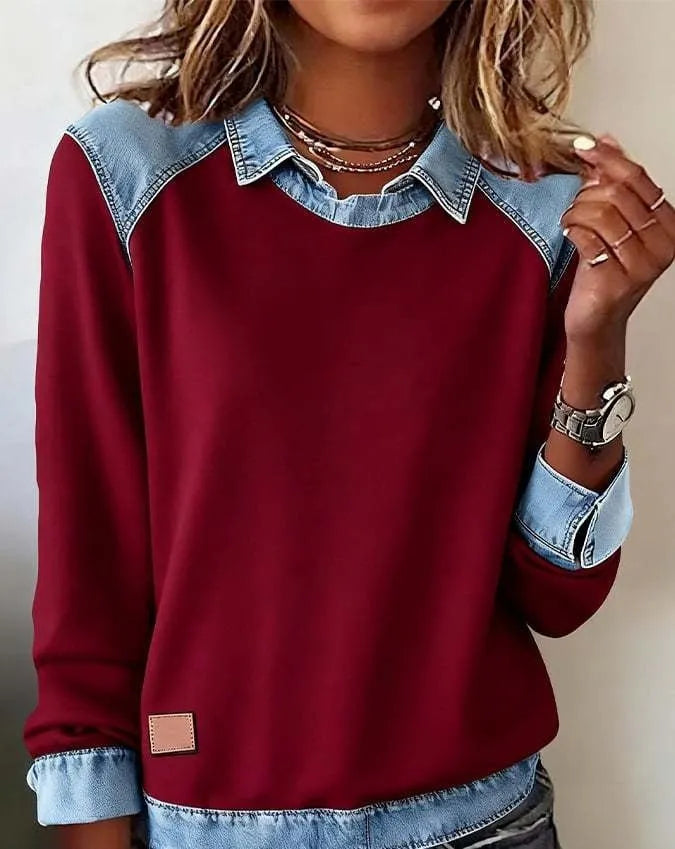 Denim collar long sleeve pullover knitwear top with contrast denim collar, solid colour body, street fashion style