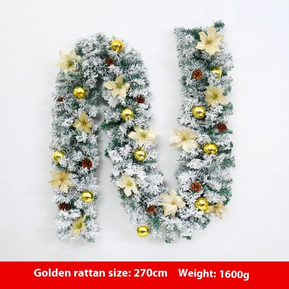 American-style red flocked PVC rattan Christmas garland decoration draped over a mantelpiece.