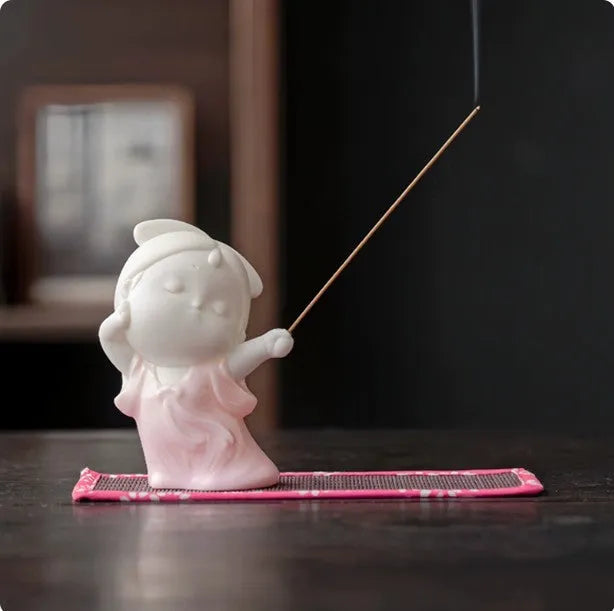 Ceramic cute style female court attendant figurine incense burner decoration