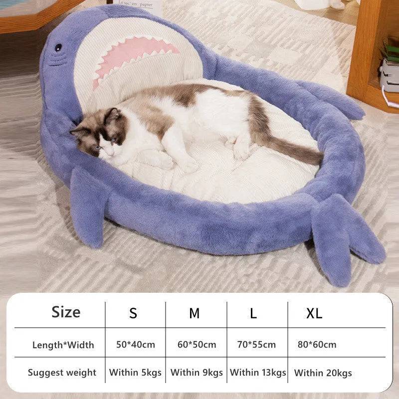 Shark pattern pet bed cushion in blue or grey with non-slip base for dogs and cats