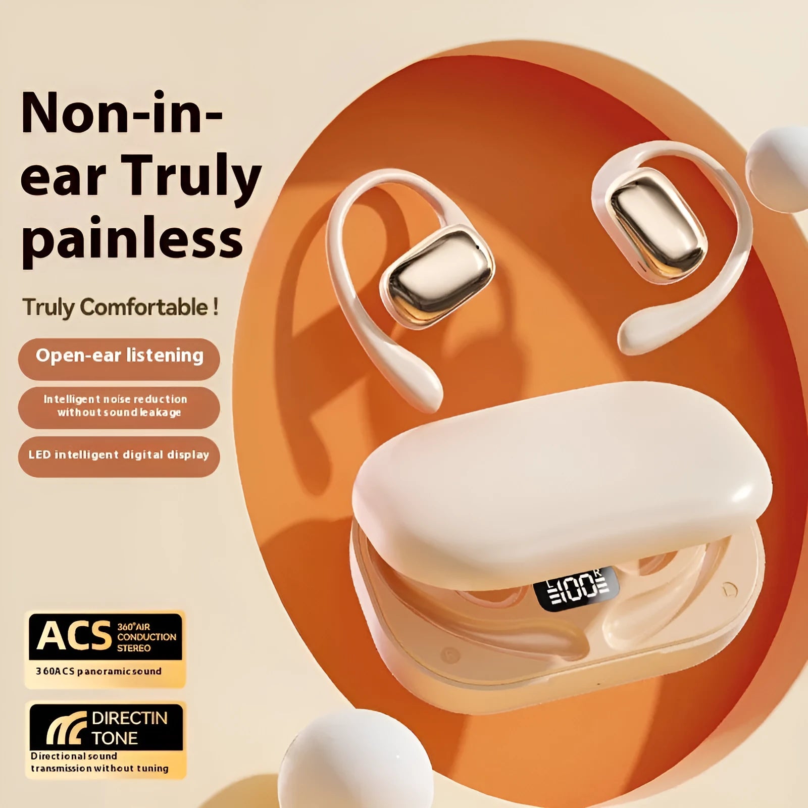 Ear-mounted headphones with digital display screen in black, skin colour, or white options
