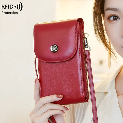 Anti-magnetic phone bag retro wax leather with stitching vertical square shape crossbody strap unisex