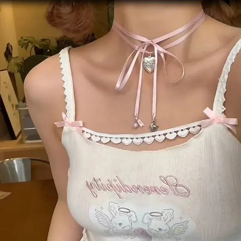 Women's alloy fashion necklace with love pendant and ribbon detail on clavicle chain