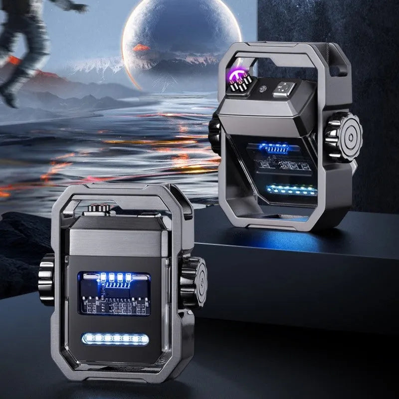 Blue Pulse double arc windproof electric lighter with a visible mechanical gyroscope and a Type-C charging port.