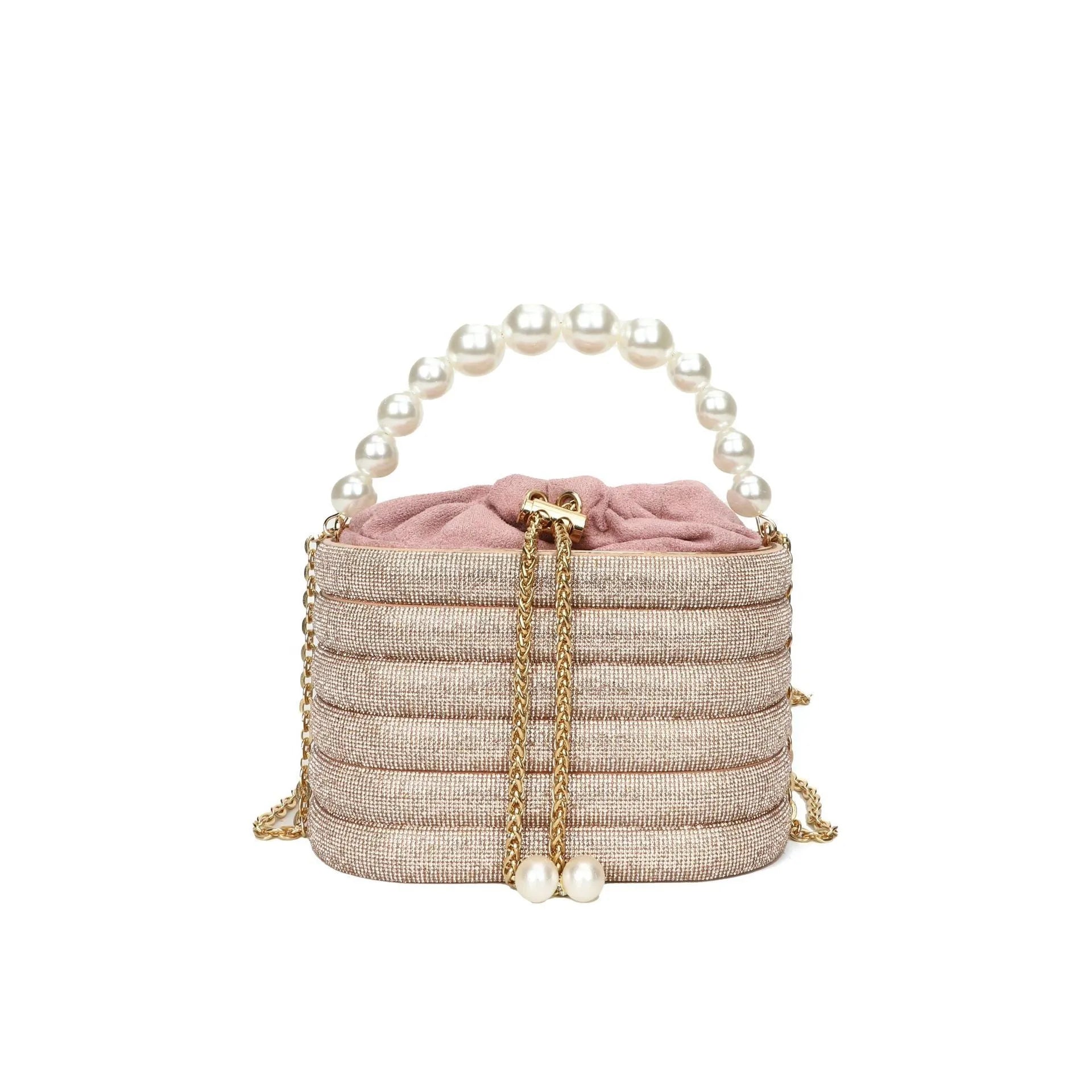 Women's black one-shoulder crossbody bag with pearl beading on the front.