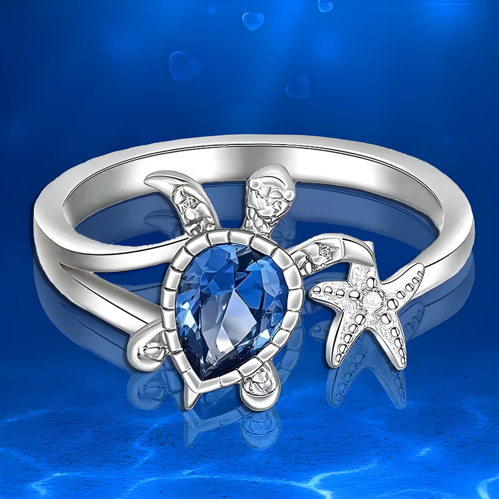 Blue alloy ring with turtle and starfish designs, women's vacation style, size 6-10