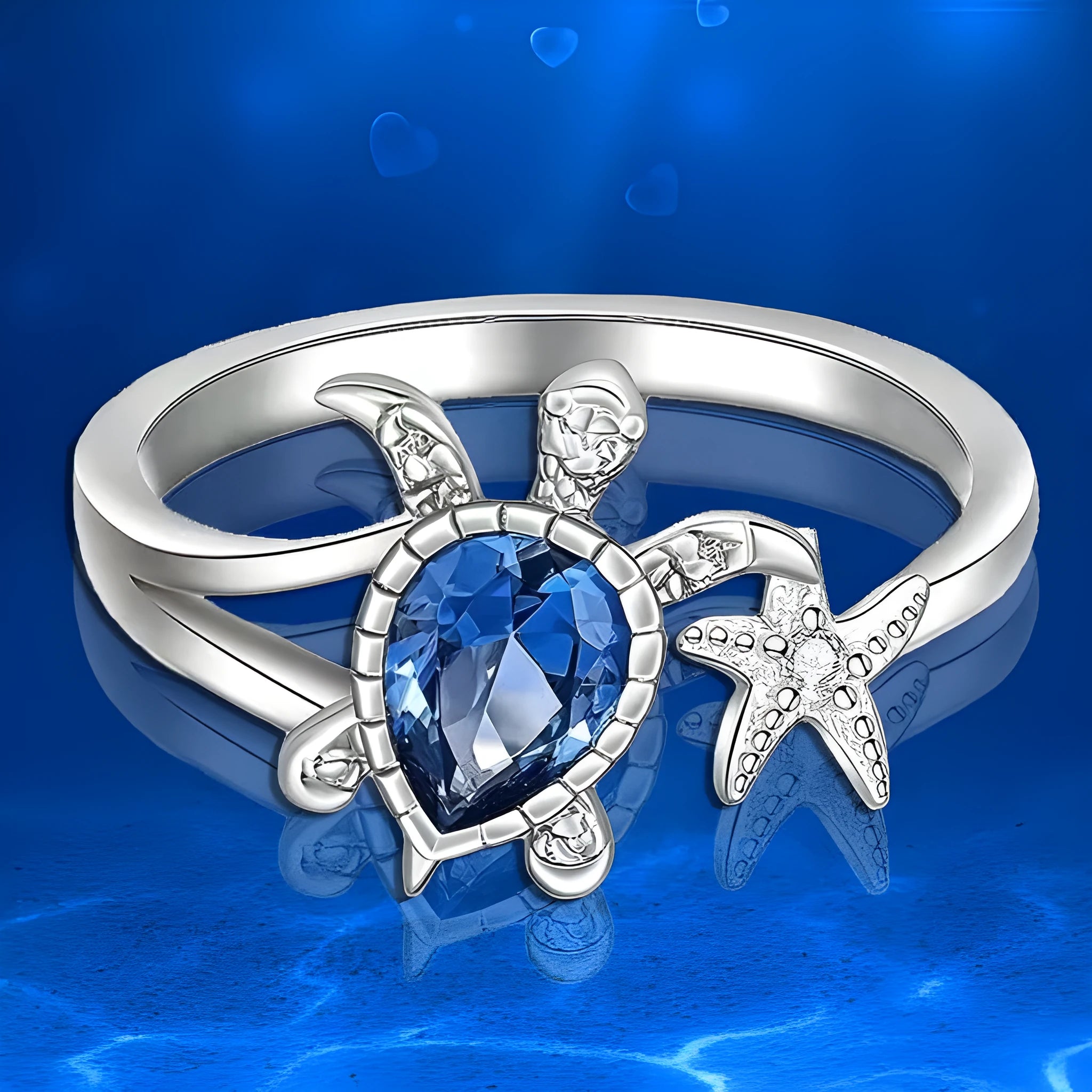Blue alloy ring with turtle and starfish designs, women's vacation style, size 6-10